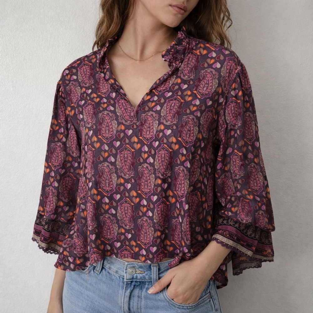 EMILY LOVELOCK Plum Paisley Heart Print Boho Prairie Whimsigoth Blouse Size 14